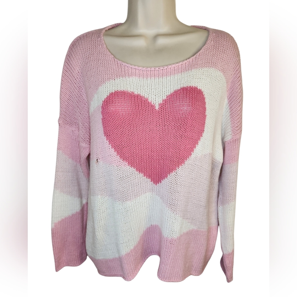 Wooden Ships Paola Buendia Pink Heart Lightweight Knit Sweater S/M Distressed